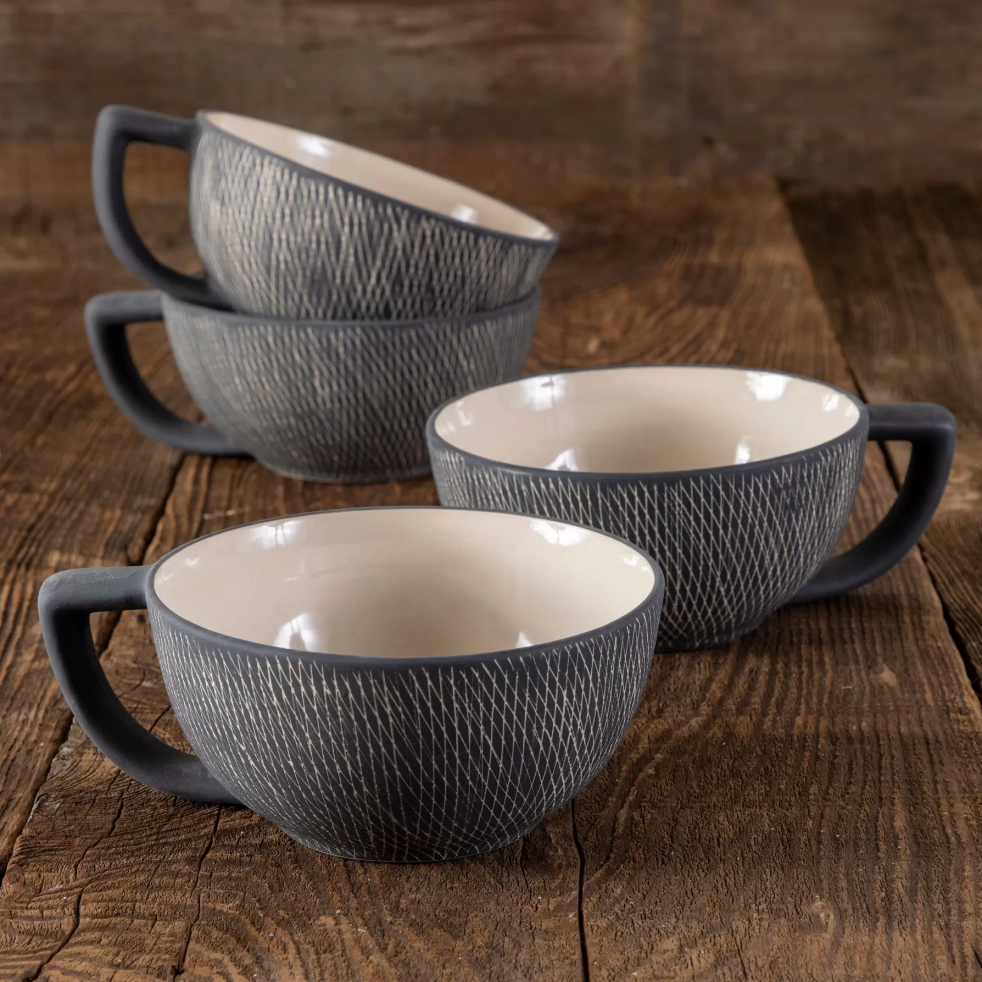 Hot Be Home Black Crosshatch Latte Mugs, Set of 4