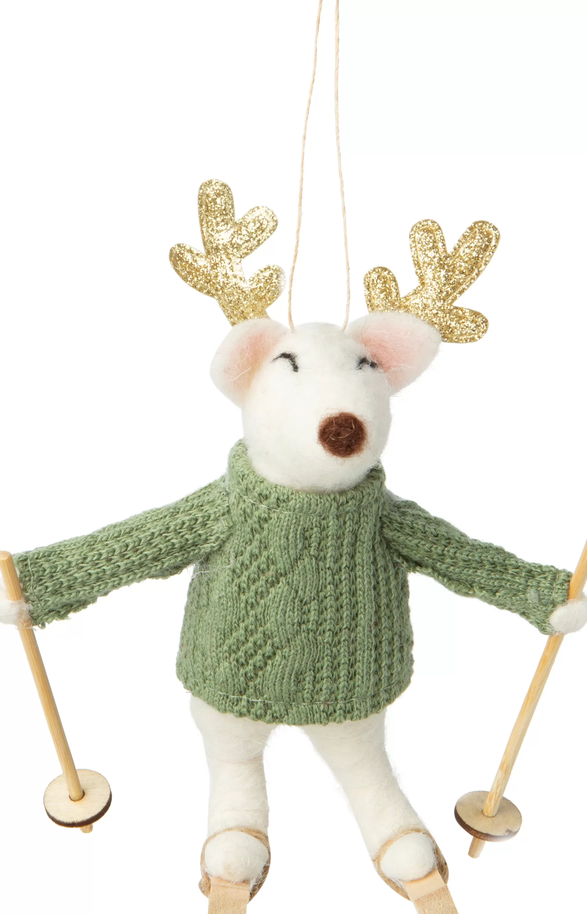 New Be Home Felt Snow Deer Skier Ornament, Green Cable Knit Sweater
