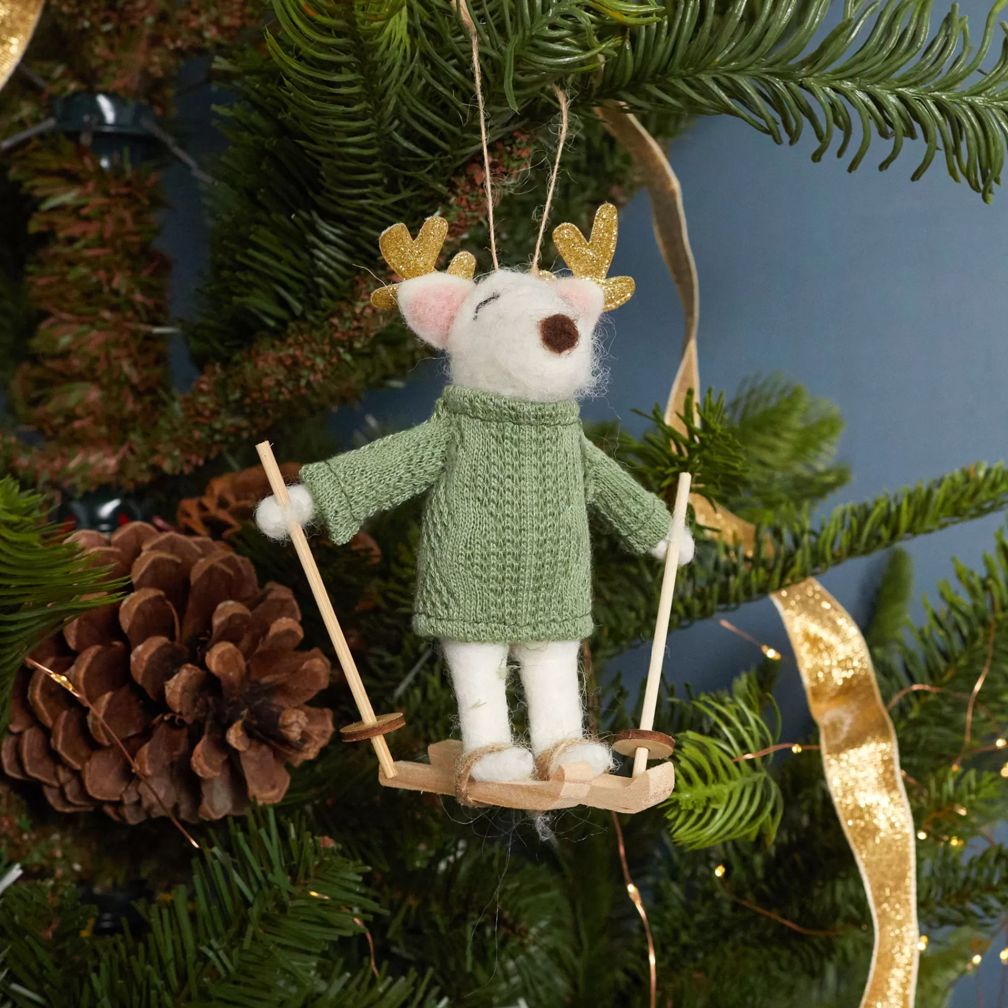 New Be Home Felt Snow Deer Skier Ornament, Green Cable Knit Sweater