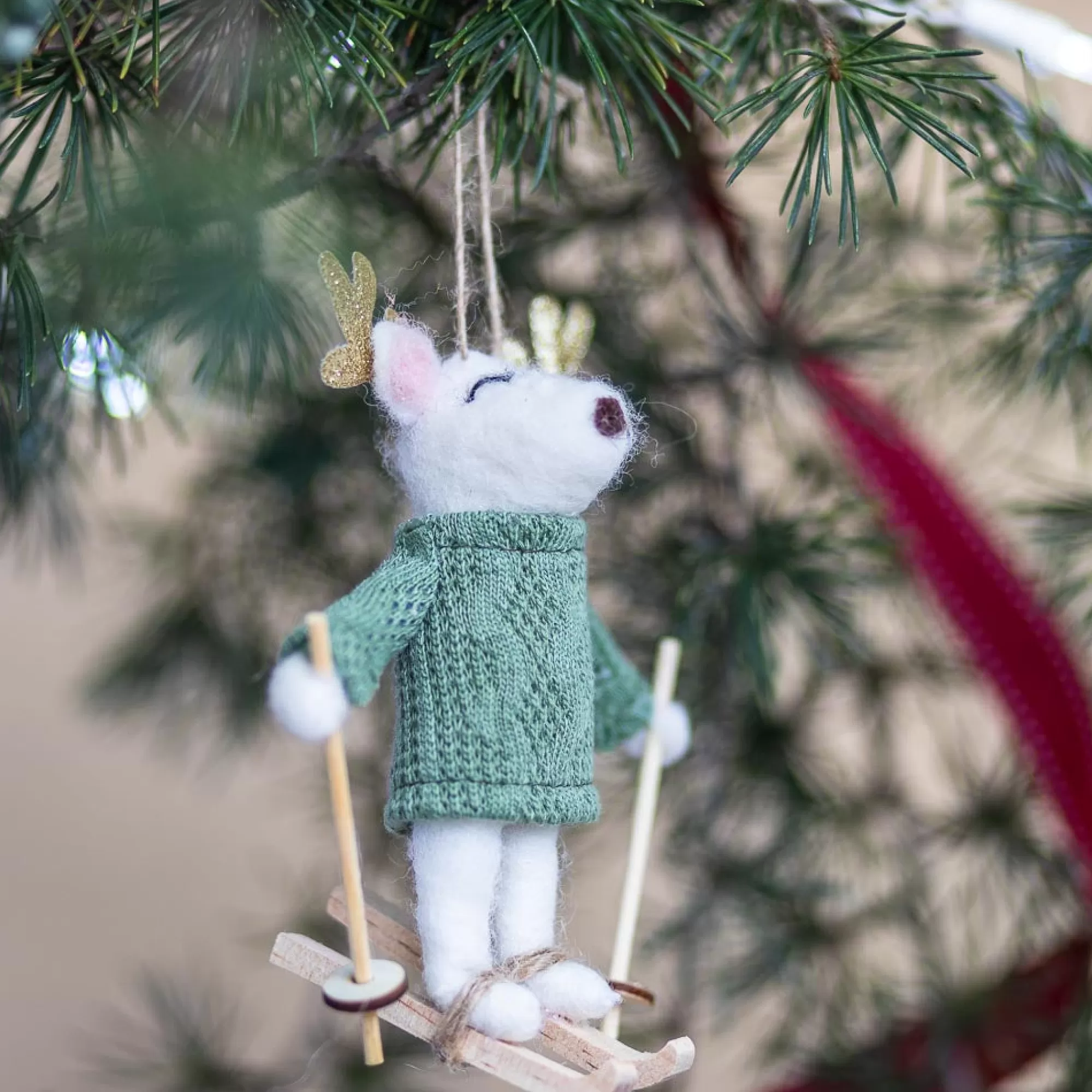 New Be Home Felt Snow Deer Skier Ornament, Green Cable Knit Sweater