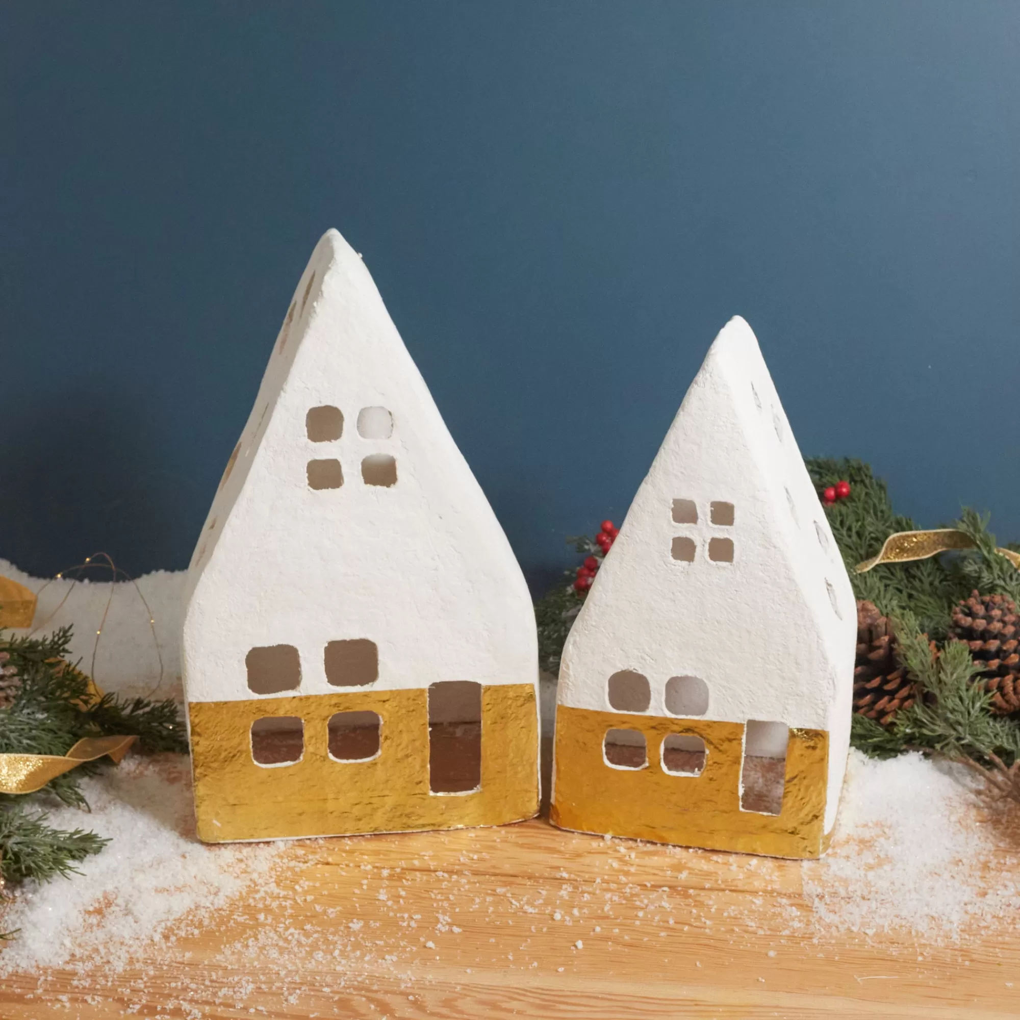 Discount Be Home Handmade Paper Mache  Houses with Gold Foil, White, Set of 2