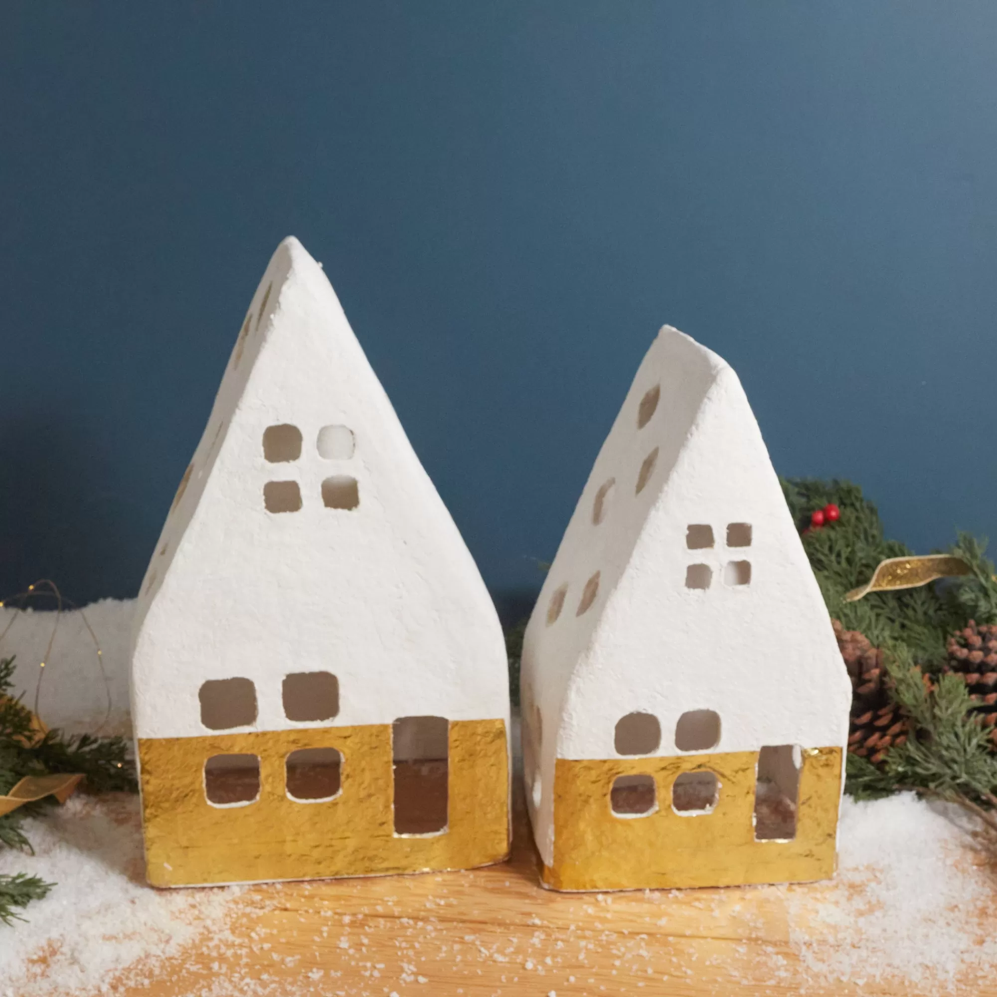 Discount Be Home Handmade Paper Mache  Houses with Gold Foil, White, Set of 2