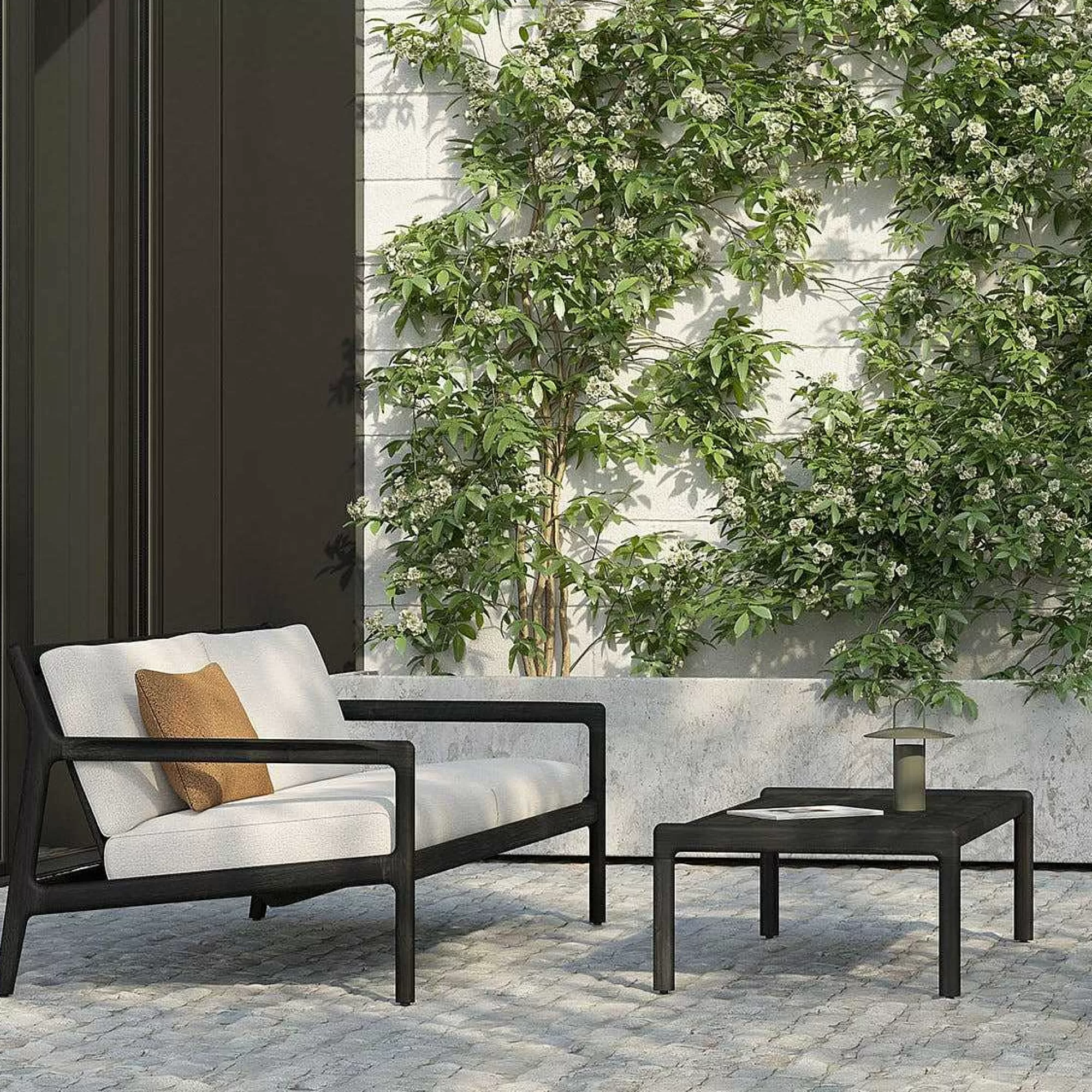 Be Home Outdoor Lounge Furniture<Jack Solid Black Teak Outdoor 2 Seater Sofa, Off White Fabric