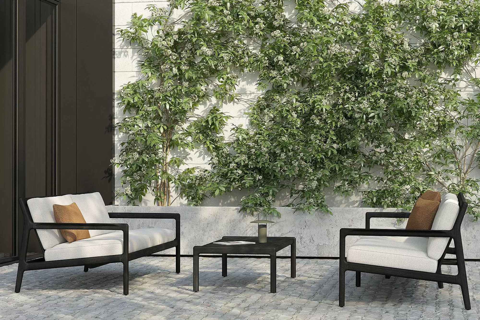Be Home Outdoor Lounge Furniture<Jack Solid Black Teak Outdoor 2 Seater Sofa, Off White Fabric