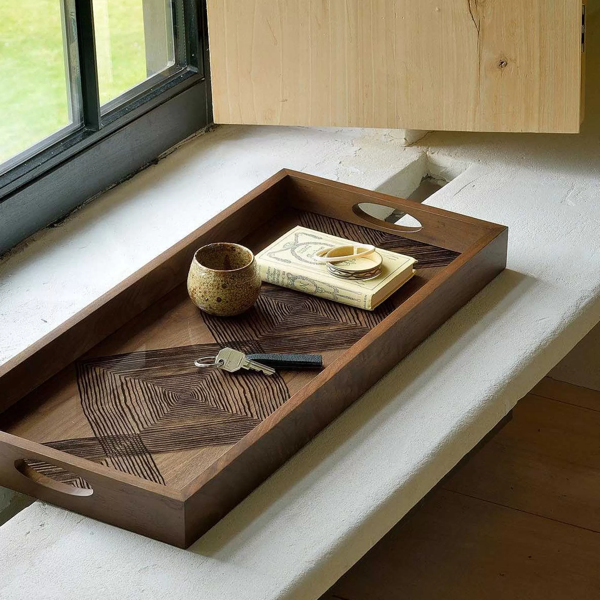 Be Home Trays<Rectangular Walnut Glass Linear Squares Tray, Medium