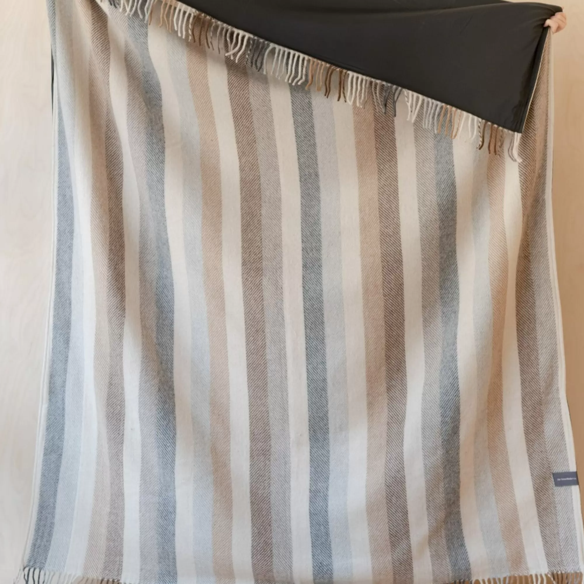 Shop Be Home Recycled Wool Waterproof Picnic Blanket in Neutral Stripe - Brown Leat