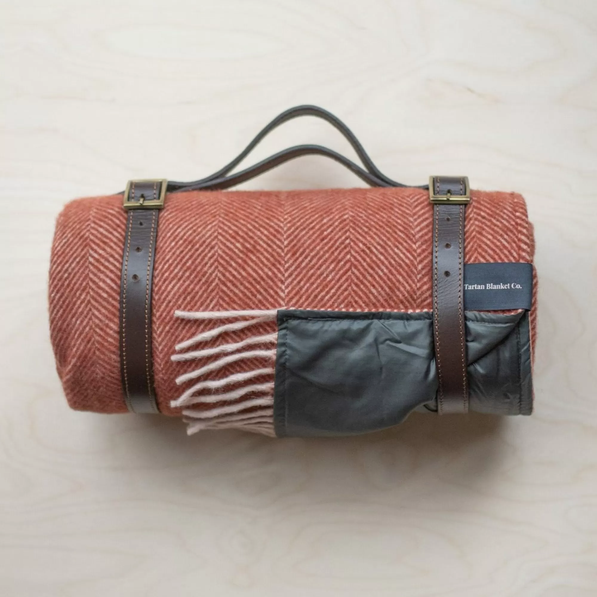 Store Be Home Recycled Wool Waterproof Picnic Blanket in Rust Herringbone - Brown Le