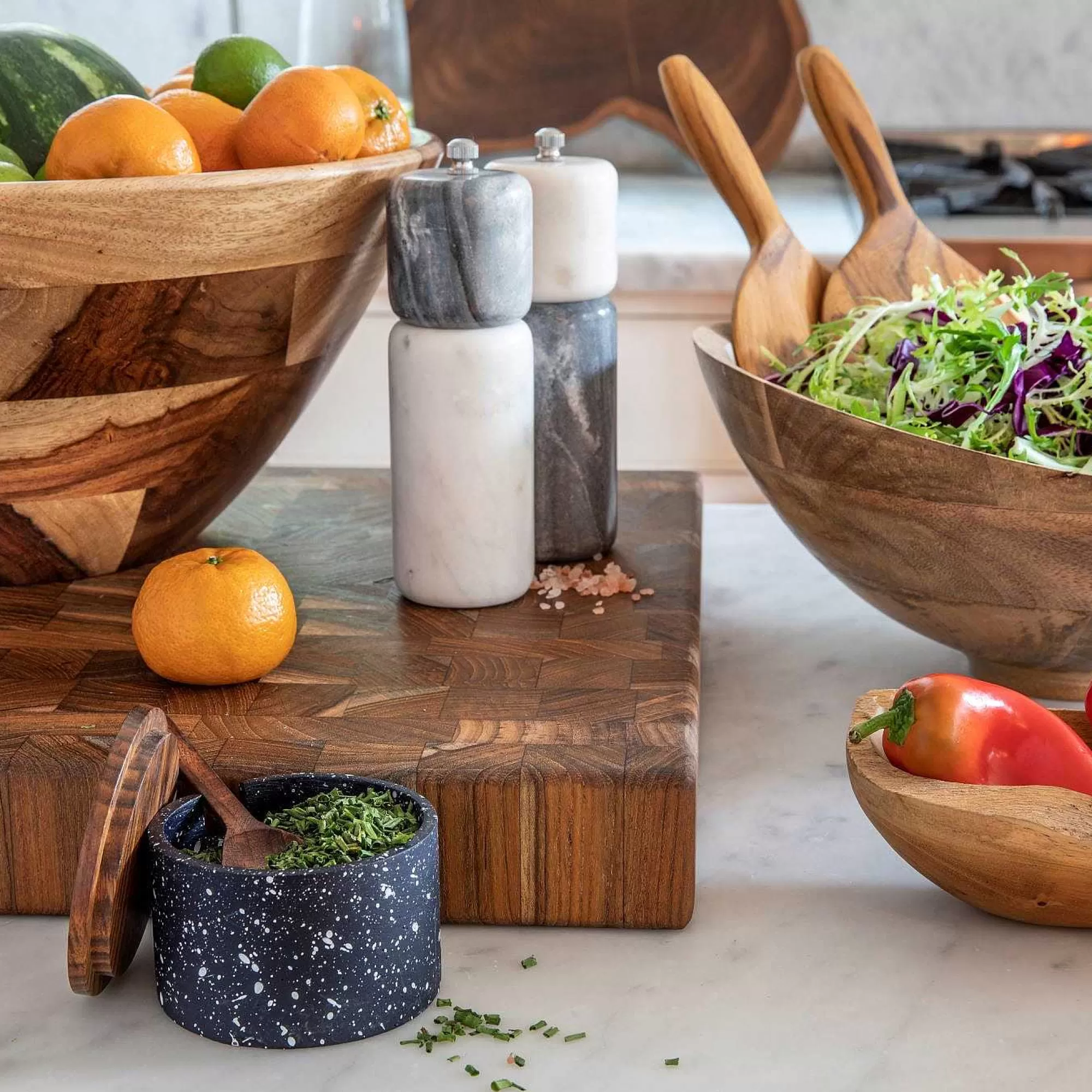 Be Home Salt & Pepper<Speckled Cement Interlocking Cellar Set with Wood Lid and Spoon, Midni