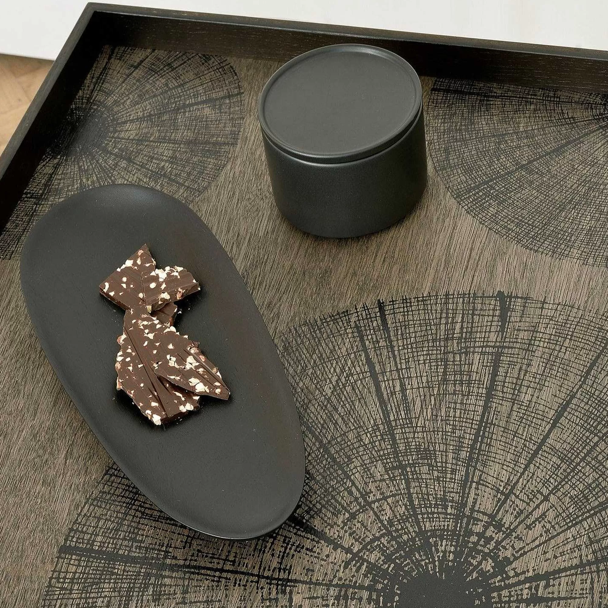 Be Home Trays<Square Black Slices Varnished Wood Tray, Large
