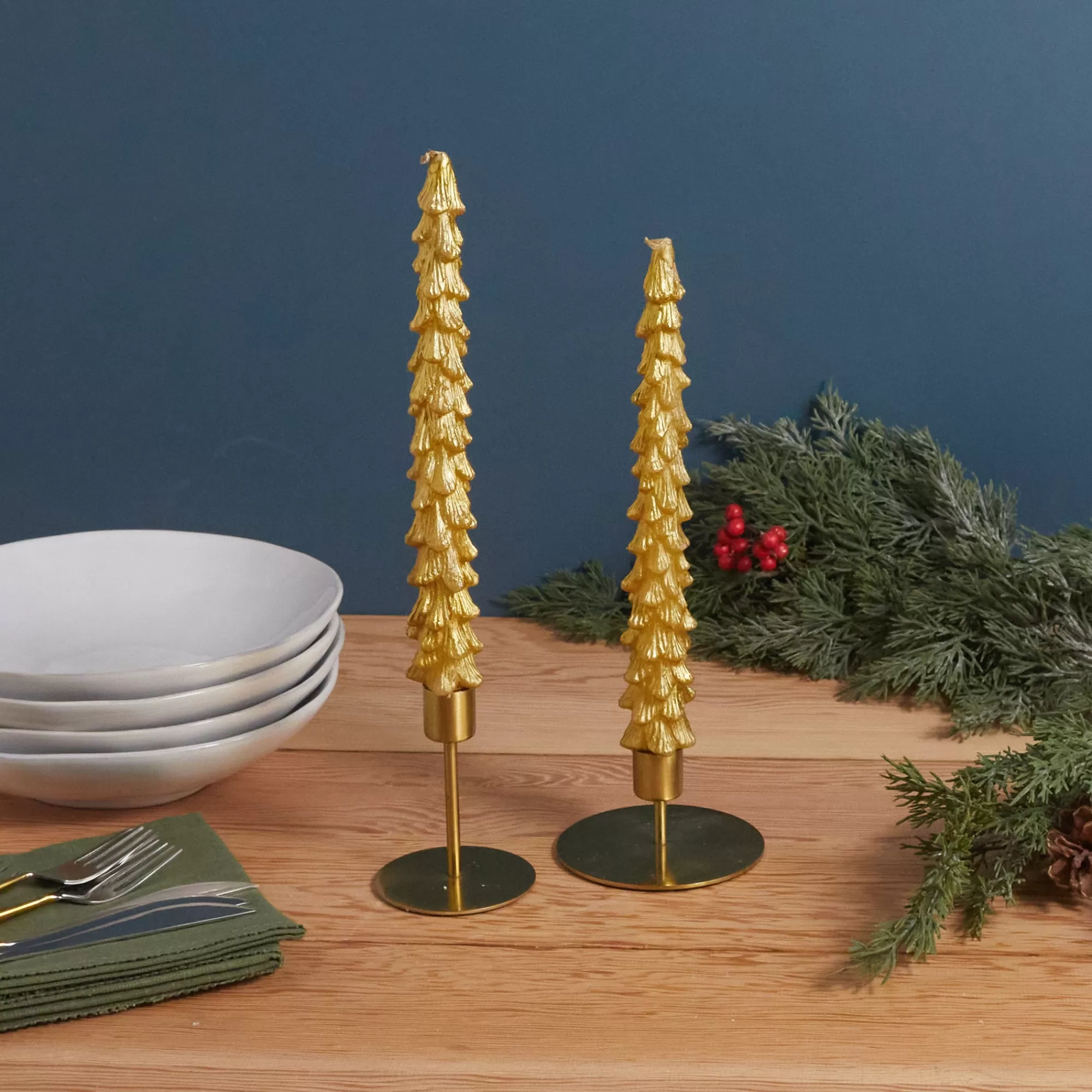 New Be Home Tree Taper Candles, Gold, Set of 2